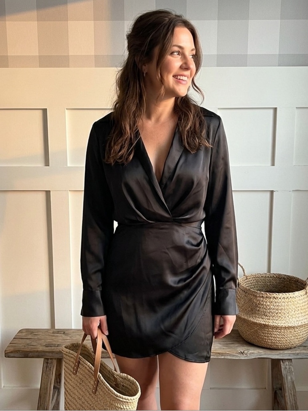 Zara Black Tuxedo Satin Long Sleeve Dress Size XS Classic